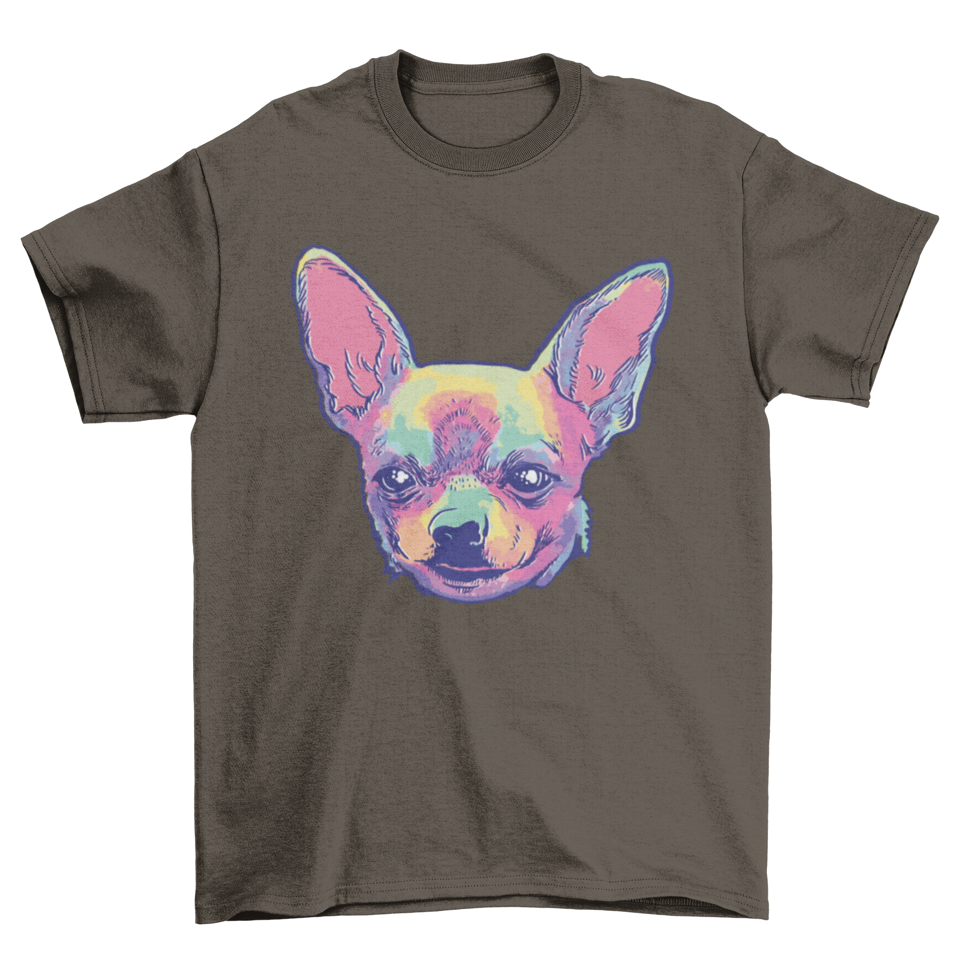 A vibrant tie dye t-shirt featuring a chihuahua face design, showcasing colorful patterns.