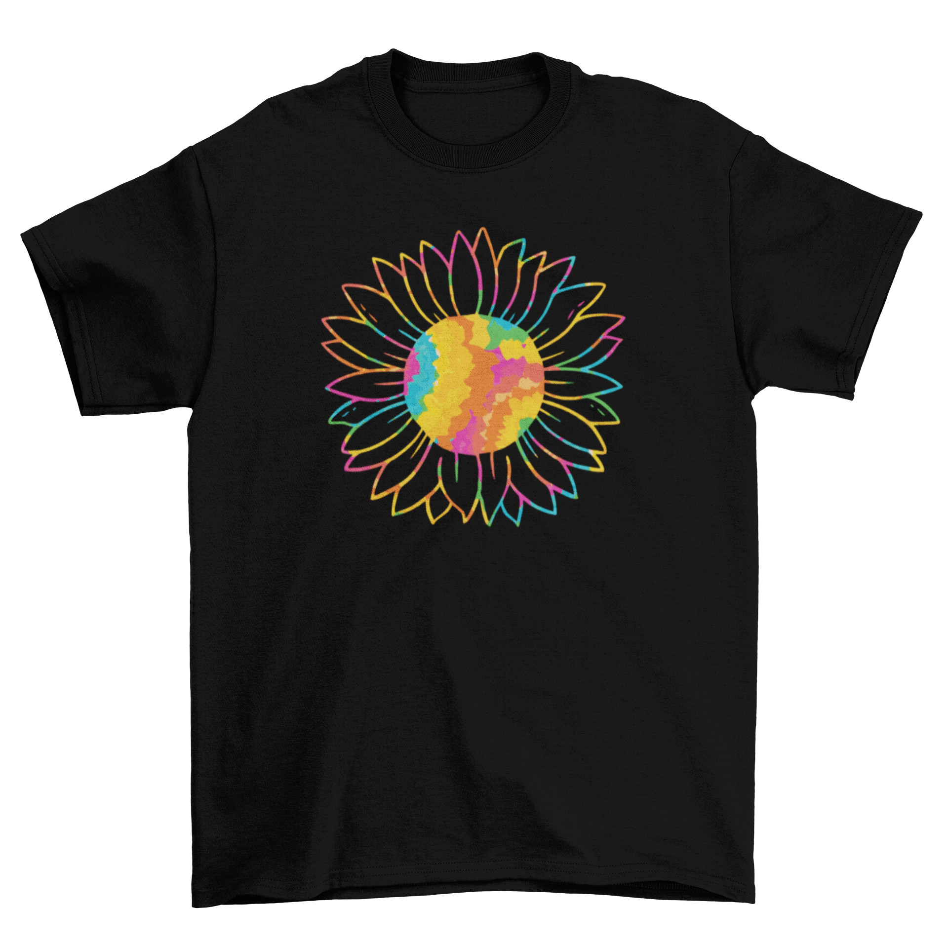 A vibrant tie dye t-shirt featuring a sunflower design, showcasing a blend of colorful patterns.