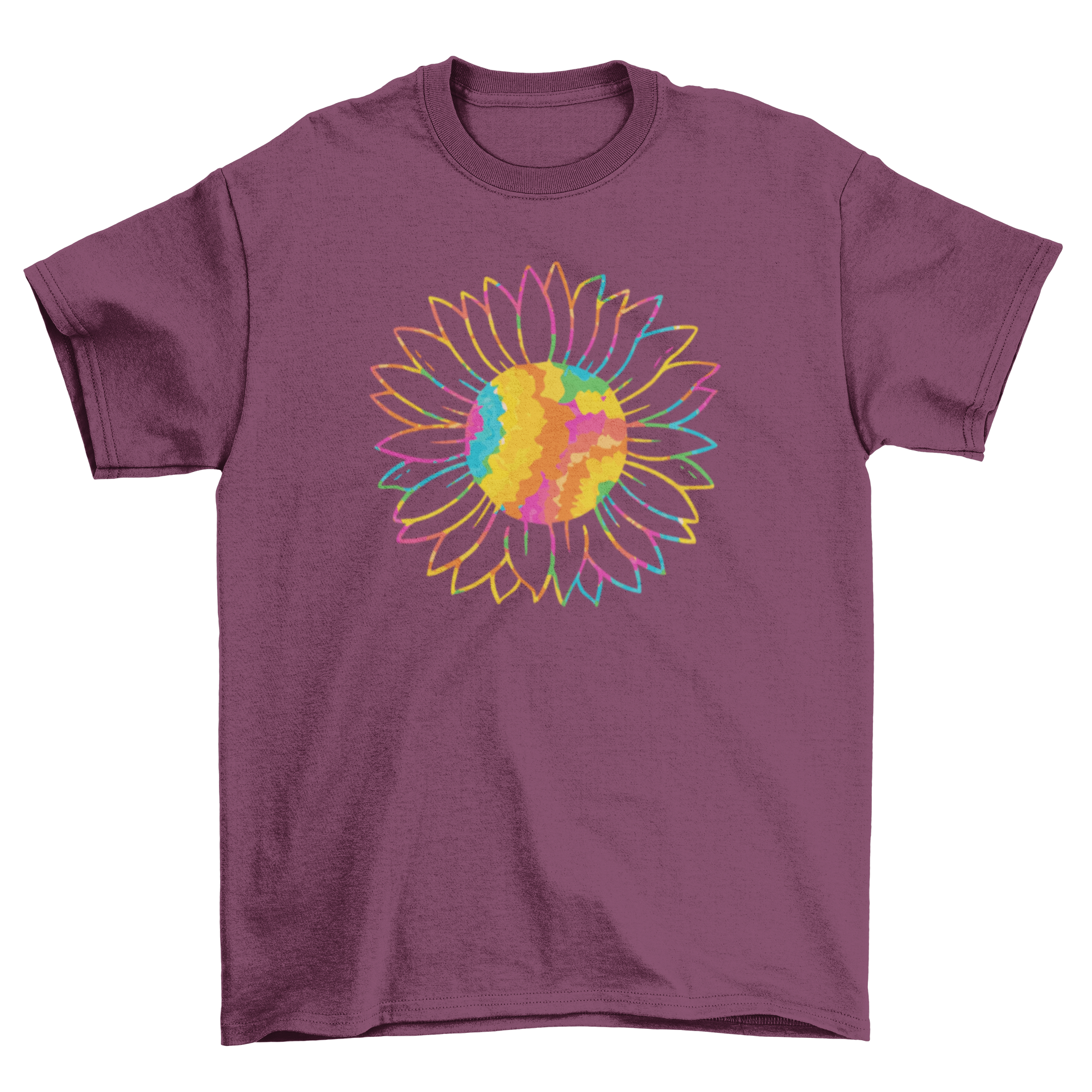 A vibrant tie dye t-shirt featuring a sunflower design, showcasing a blend of colorful patterns.