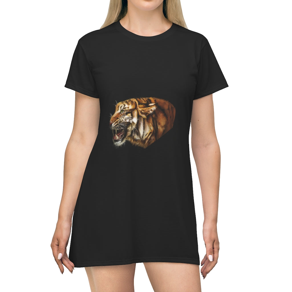 A stylish Tiger All Over Print T-Shirt Dress featuring a vibrant tiger pattern, tagless design, and lightweight fabric, perfect for casual or dressy occasions.