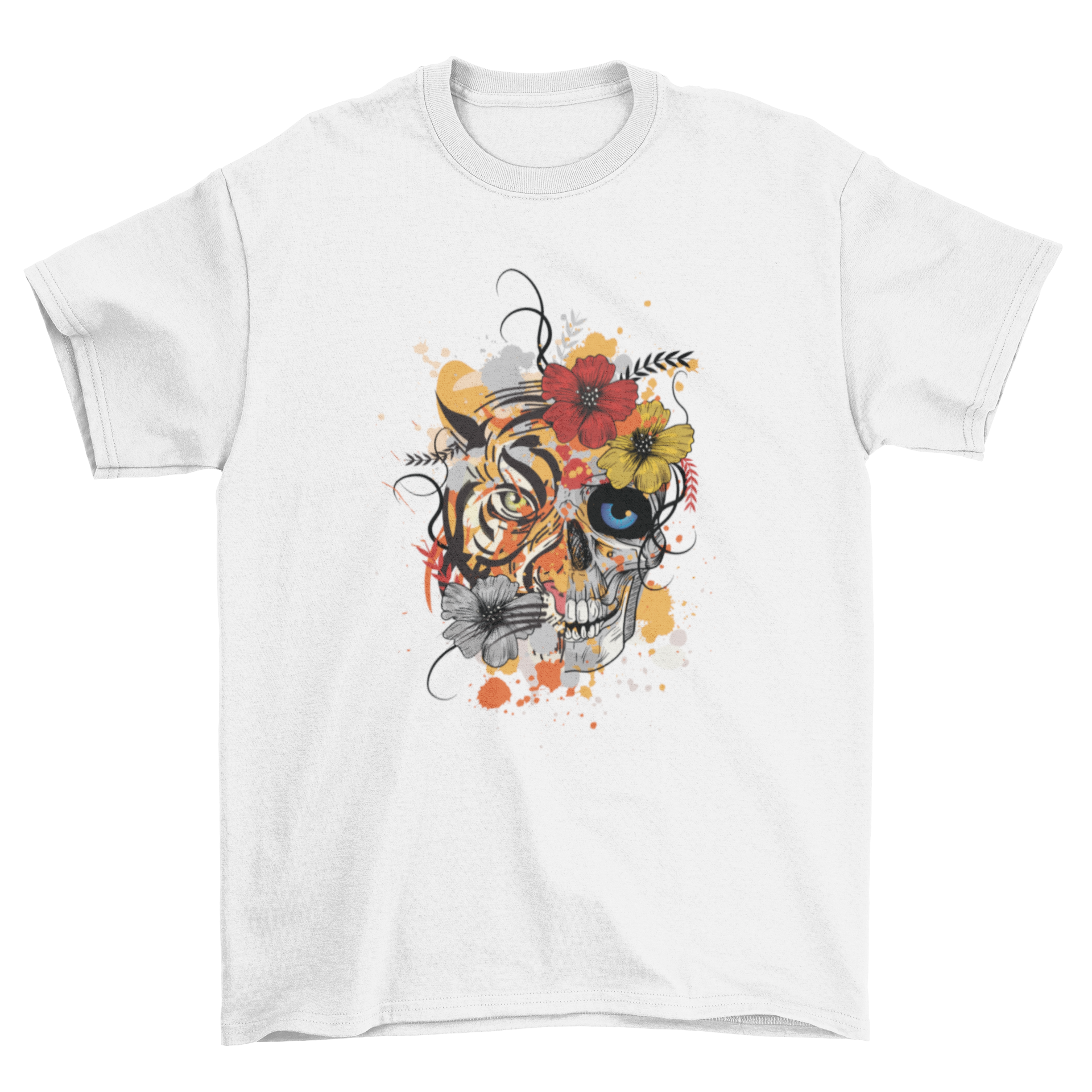 Abstract t-shirt design featuring half tiger head and half human skull with colorful flowers and paint splashes.