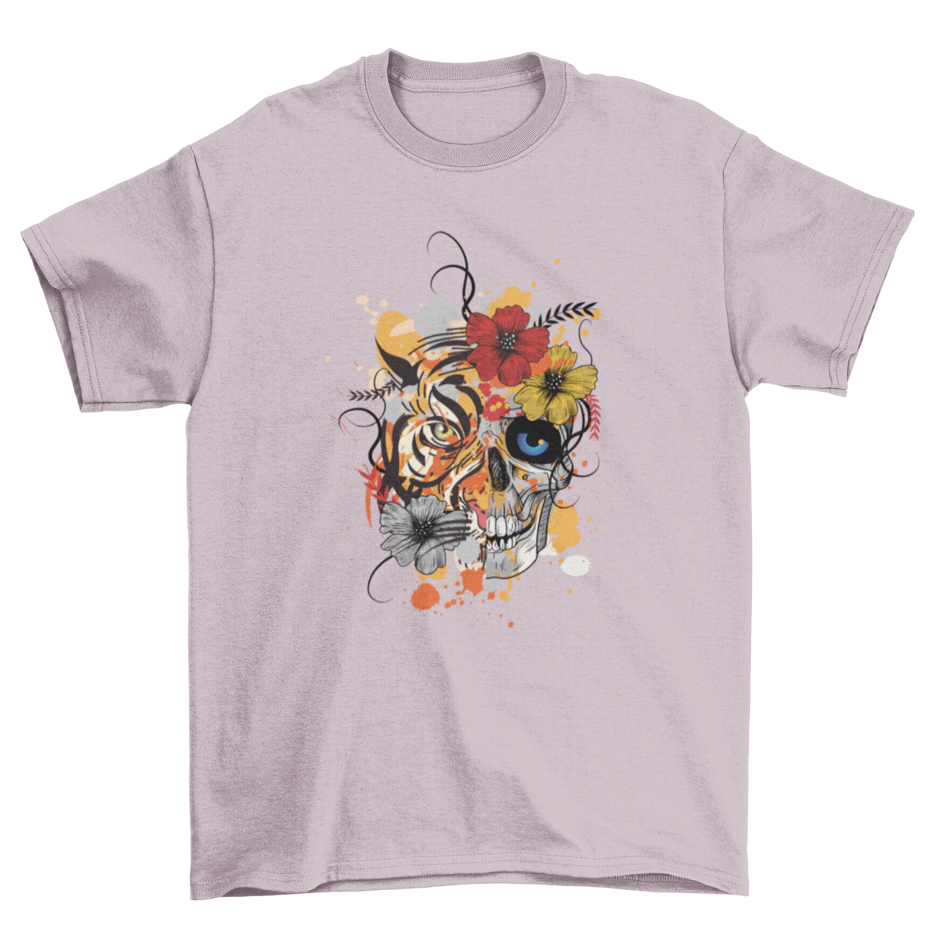 Abstract t-shirt design featuring half tiger head and half human skull with colorful flowers and paint splashes.