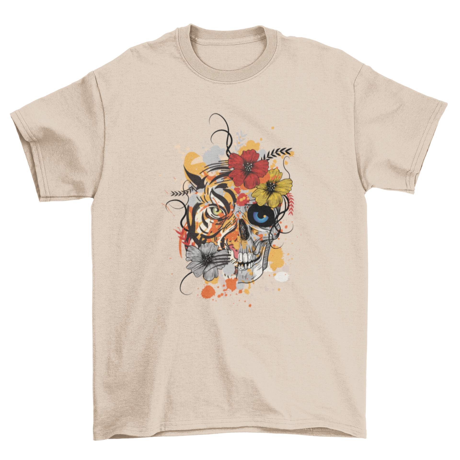 Abstract t-shirt design featuring half tiger head and half human skull with colorful flowers and paint splashes.