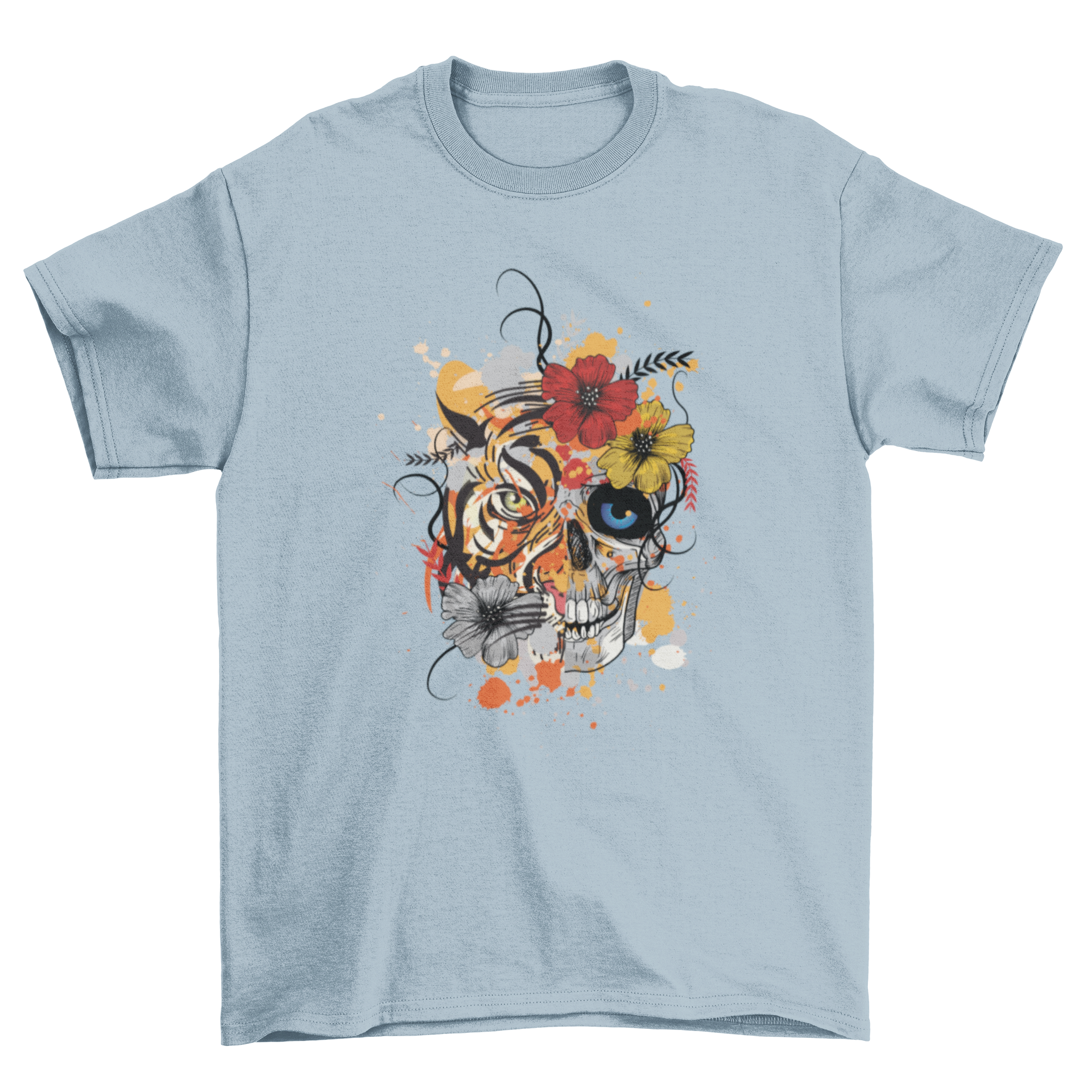 Abstract t-shirt design featuring half tiger head and half human skull with colorful flowers and paint splashes.