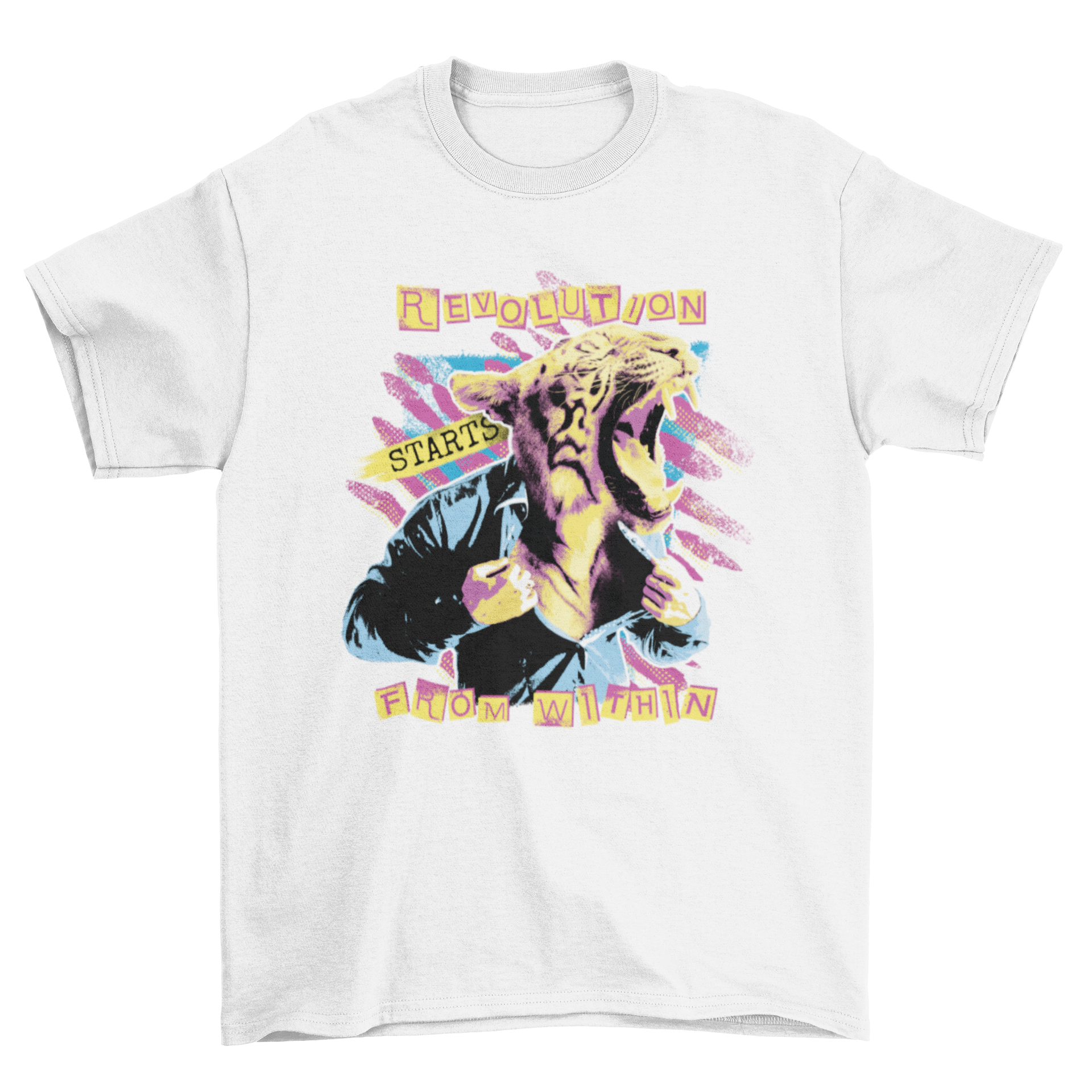 Tiger Animal Man Roaring T-Shirt featuring a man with a tiger head and motivational quote.