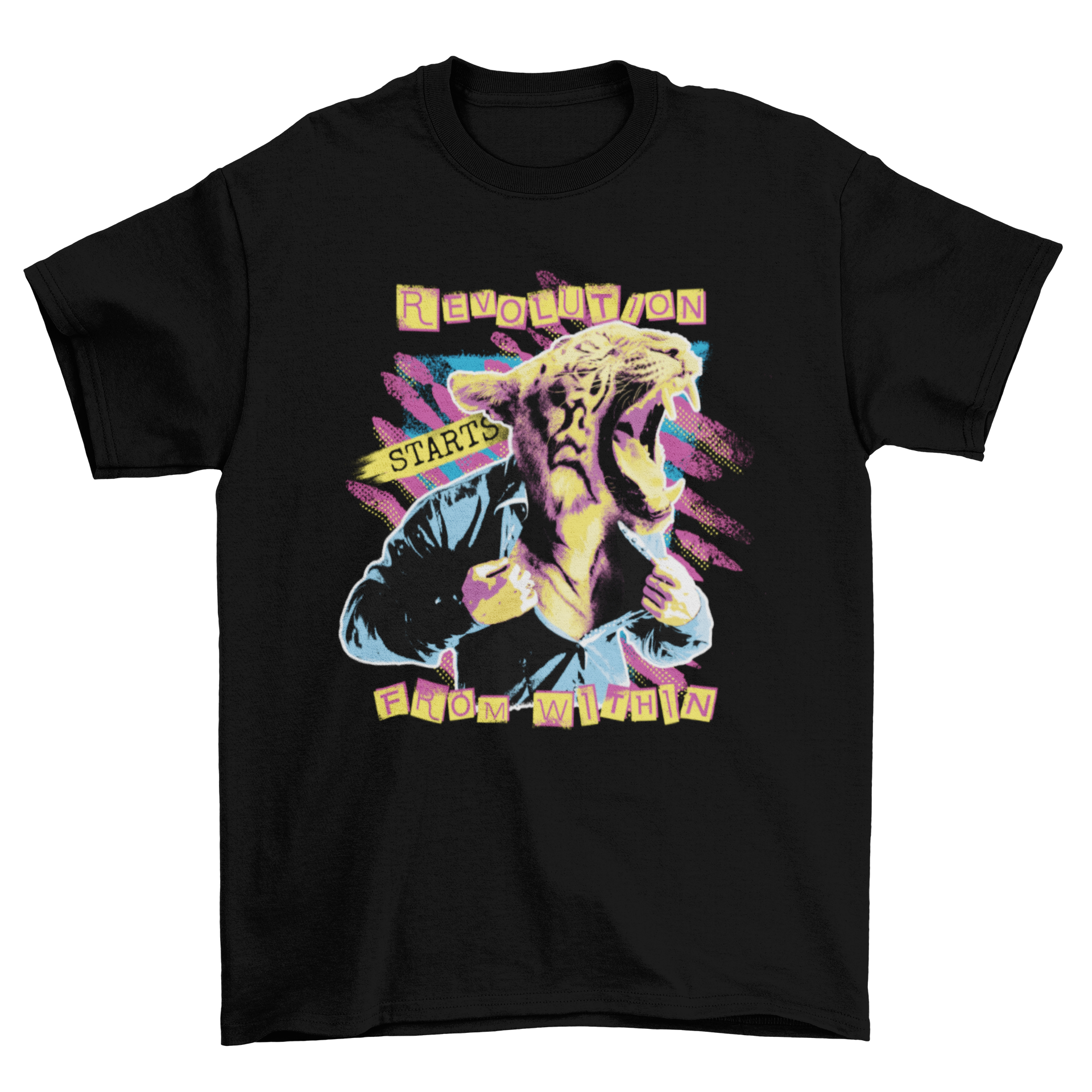 Tiger Animal Man Roaring T-Shirt featuring a man with a tiger head and motivational quote.