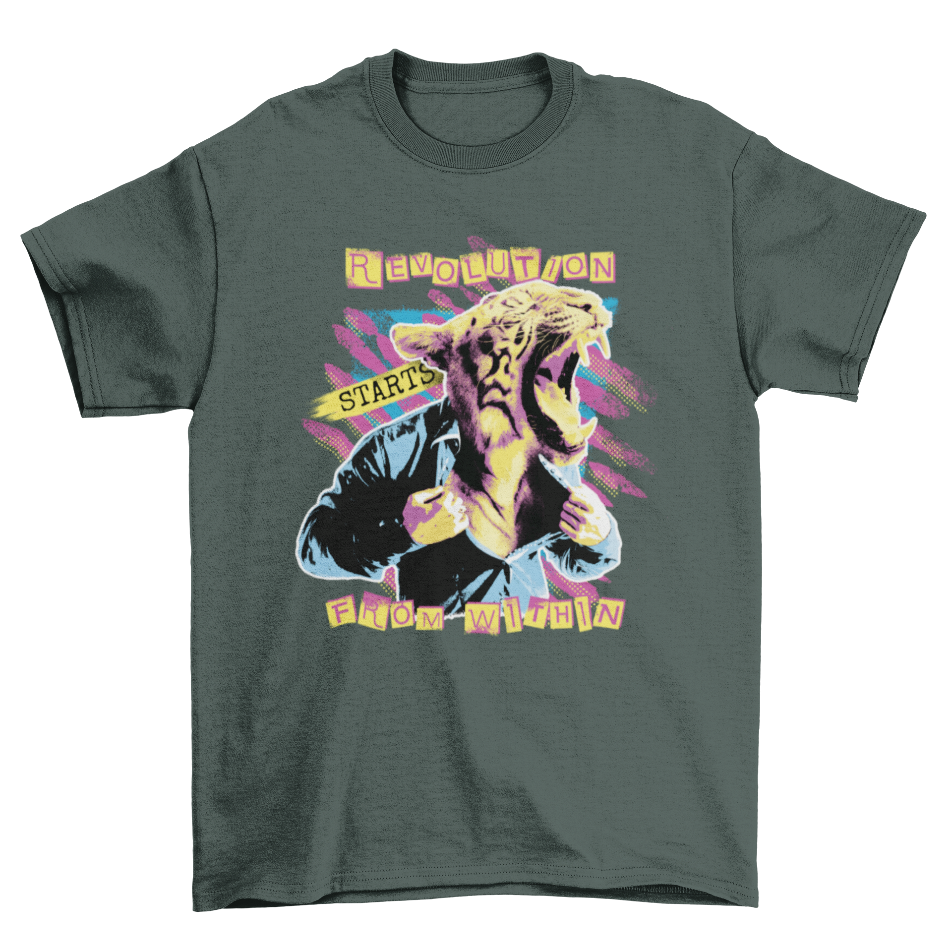 Tiger Animal Man Roaring T-Shirt featuring a man with a tiger head and motivational quote.