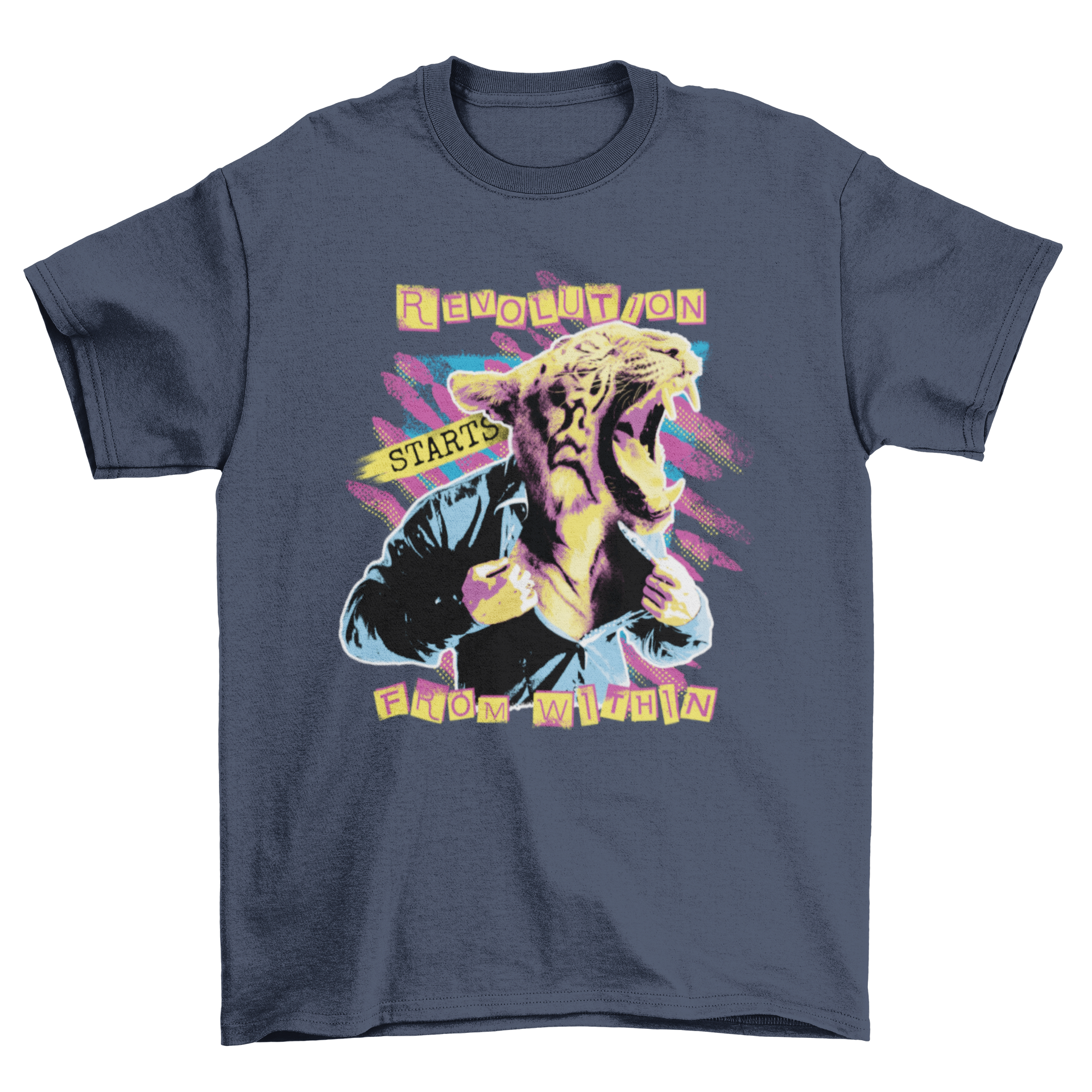 Tiger Animal Man Roaring T-Shirt featuring a man with a tiger head and motivational quote.