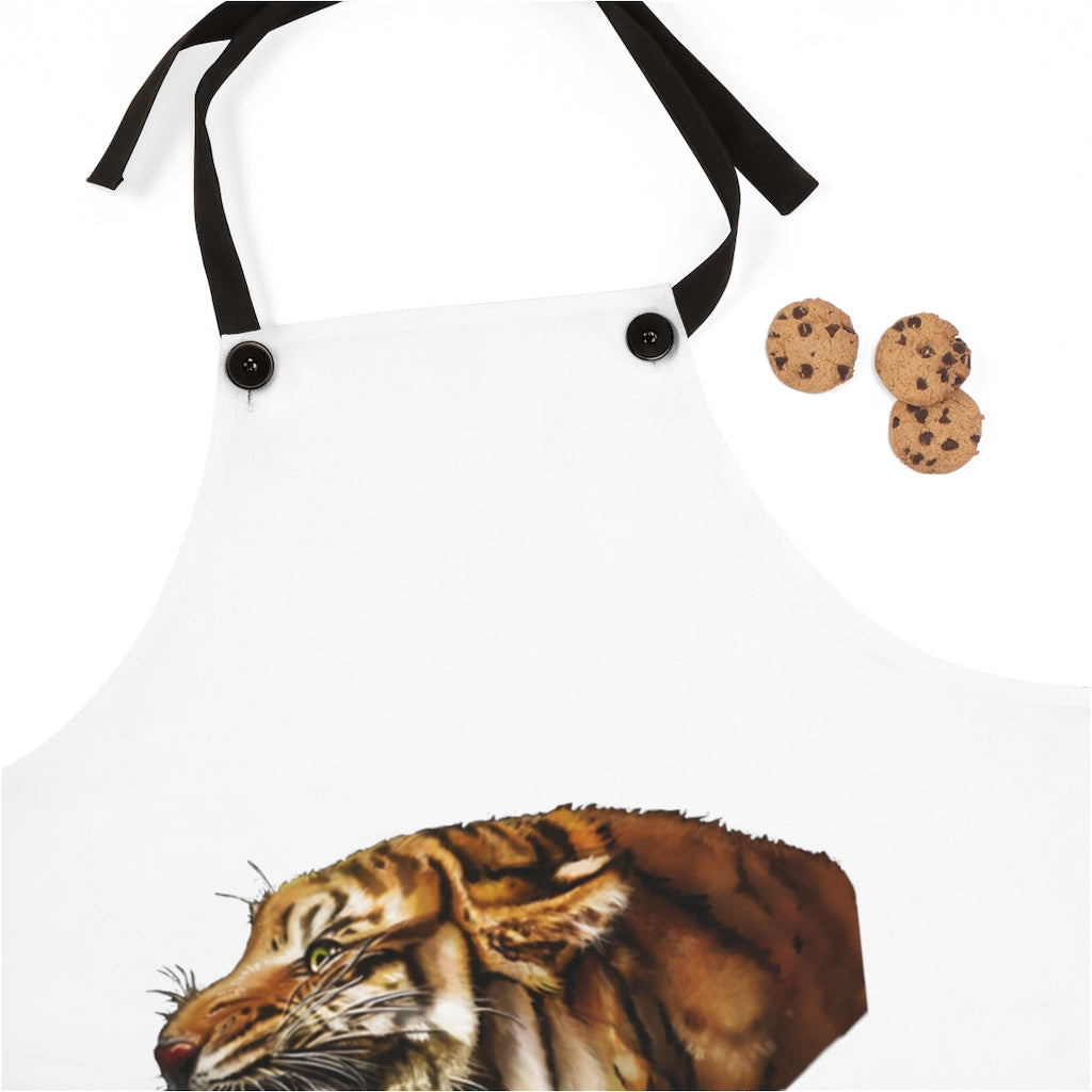 Stylish Tiger Apron made of lightweight polyester with black detachable twill straps, perfect for cooking and grilling.