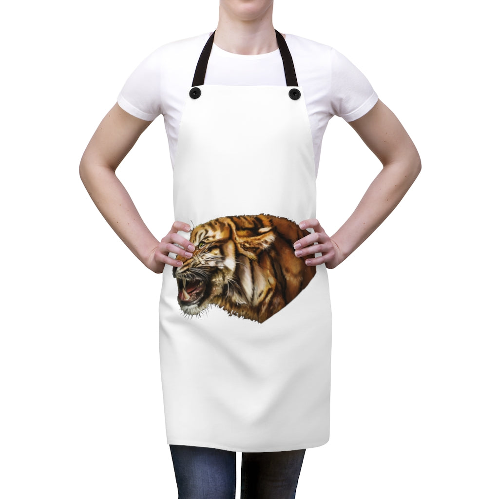 Stylish Tiger Apron made of lightweight polyester with black detachable twill straps, perfect for cooking and grilling.