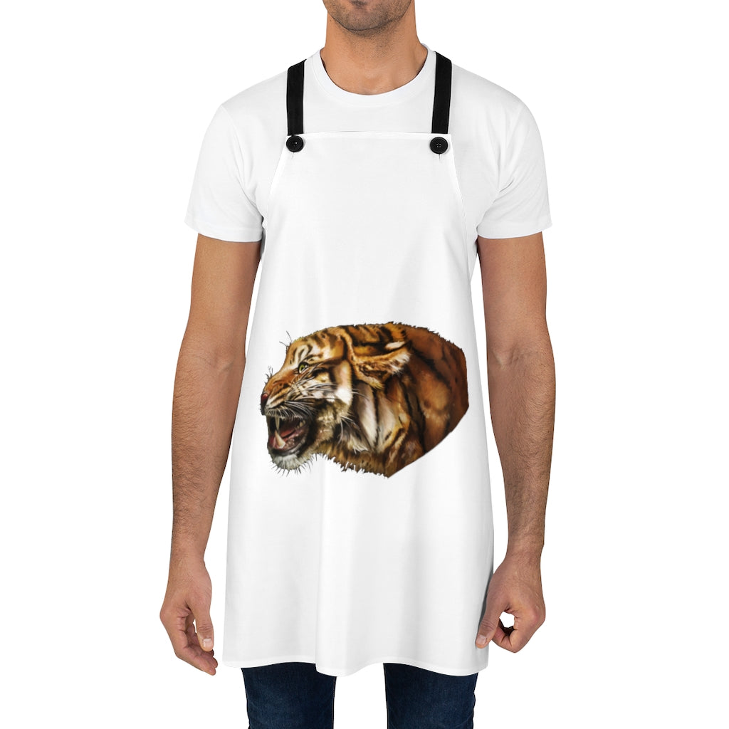 Stylish Tiger Apron made of lightweight polyester with black detachable twill straps, perfect for cooking and grilling.