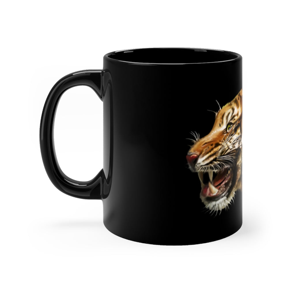 A sleek 11oz black ceramic mug with rounded corners and a C-handle, showcasing a full-wrap design for personalization.