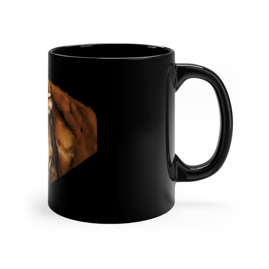 A sleek 11oz black ceramic mug with rounded corners and a C-handle, showcasing a full-wrap design for personalization.