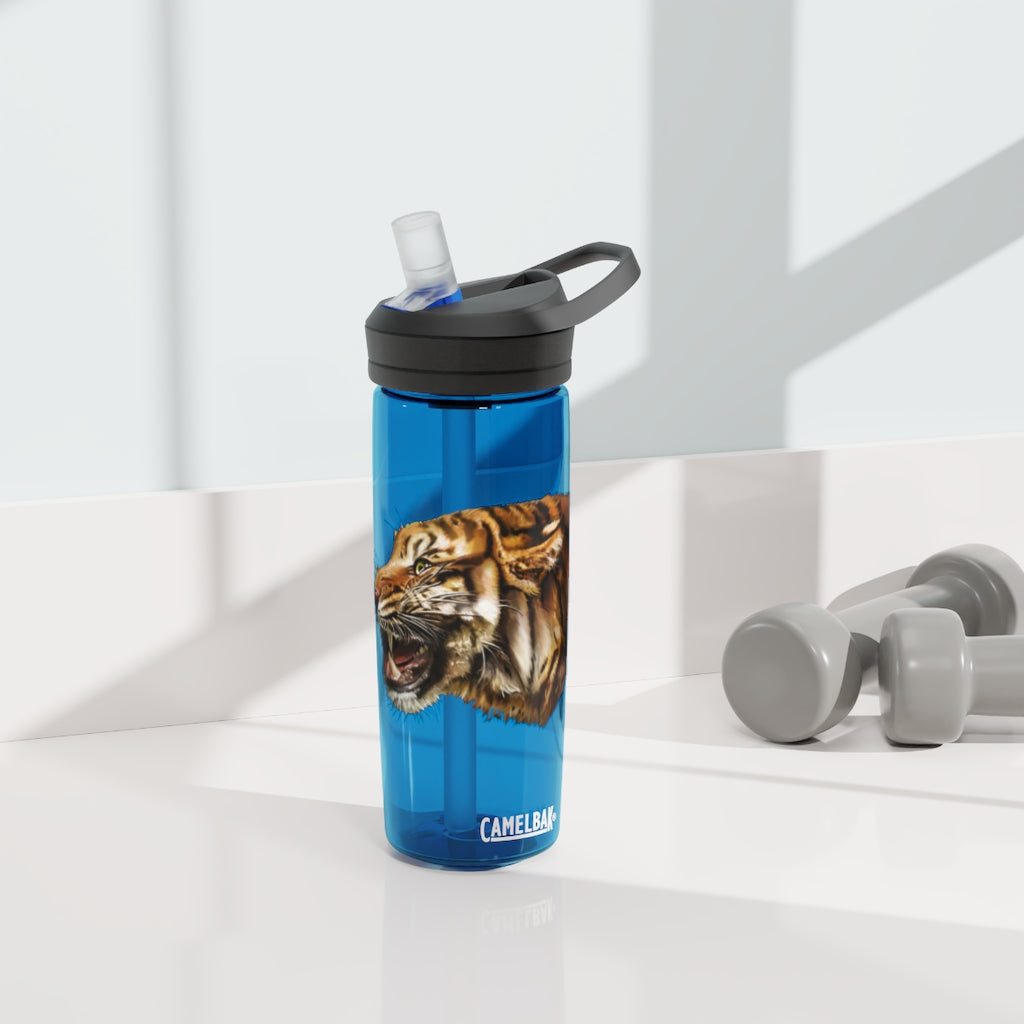 Tiger CamelBak Eddy® Water Bottle in vibrant colors, showcasing its durable Tritan™ material and spill-proof design.