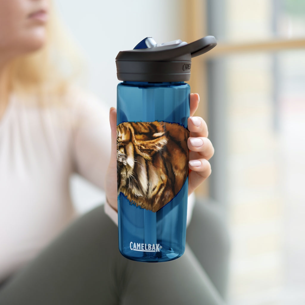 Tiger CamelBak Eddy® Water Bottle in vibrant colors, showcasing its durable Tritan™ material and spill-proof design.