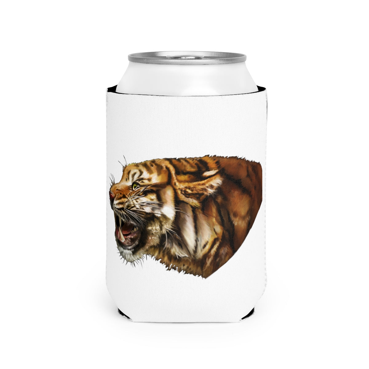 Tiger Can Cooler Sleeve made of durable neoprene, designed to fit standard 12oz cans, featuring a customizable exterior and a sleek black interior.