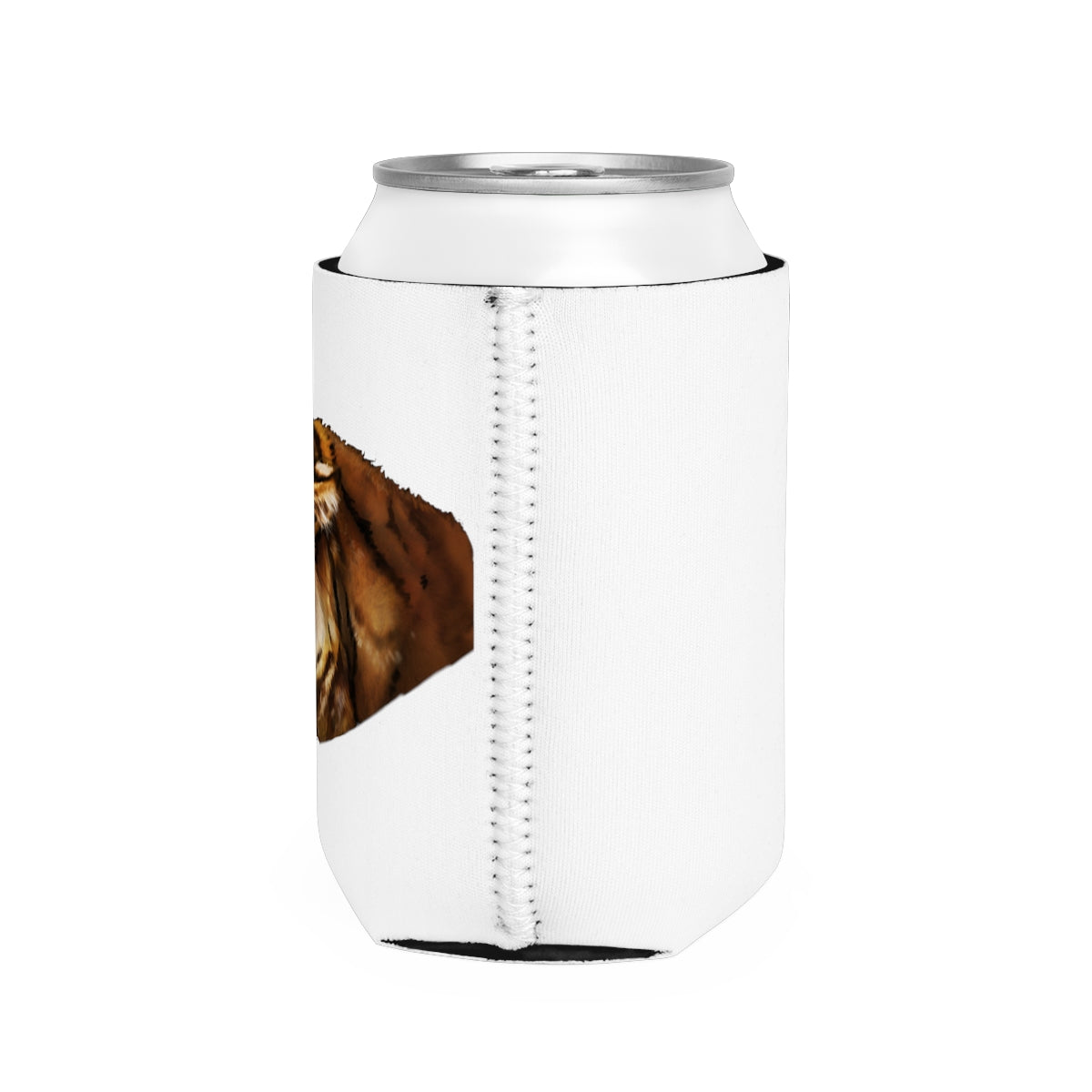 Tiger Can Cooler Sleeve made of durable neoprene, designed to fit standard 12oz cans, featuring a customizable exterior and a sleek black interior.