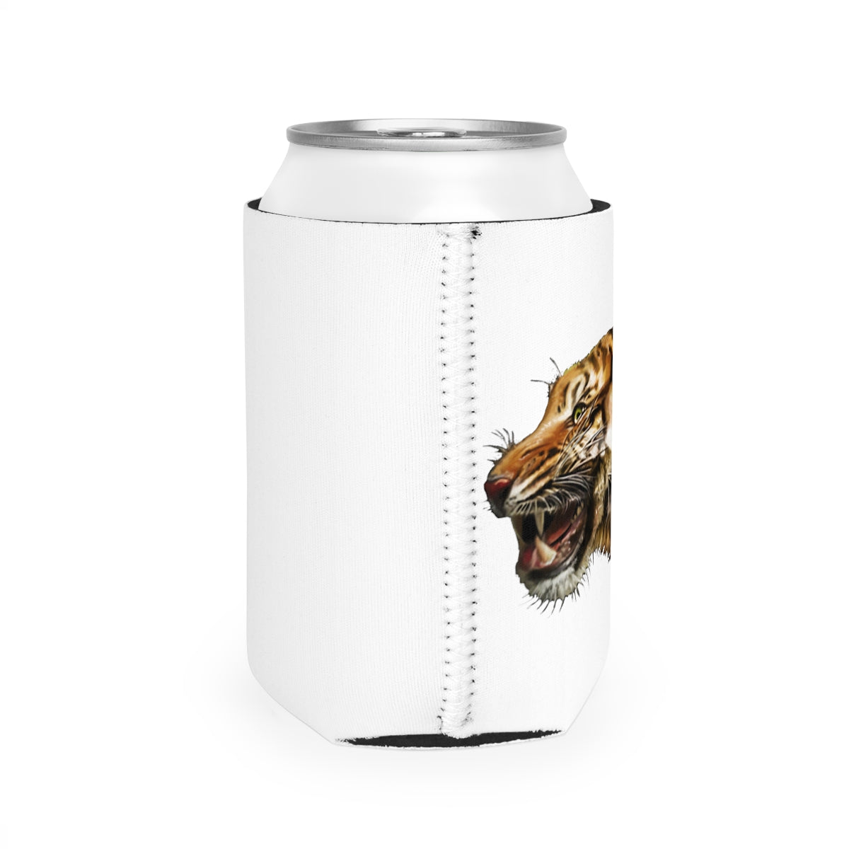 Tiger Can Cooler Sleeve made of durable neoprene, designed to fit standard 12oz cans, featuring a customizable exterior and a sleek black interior.