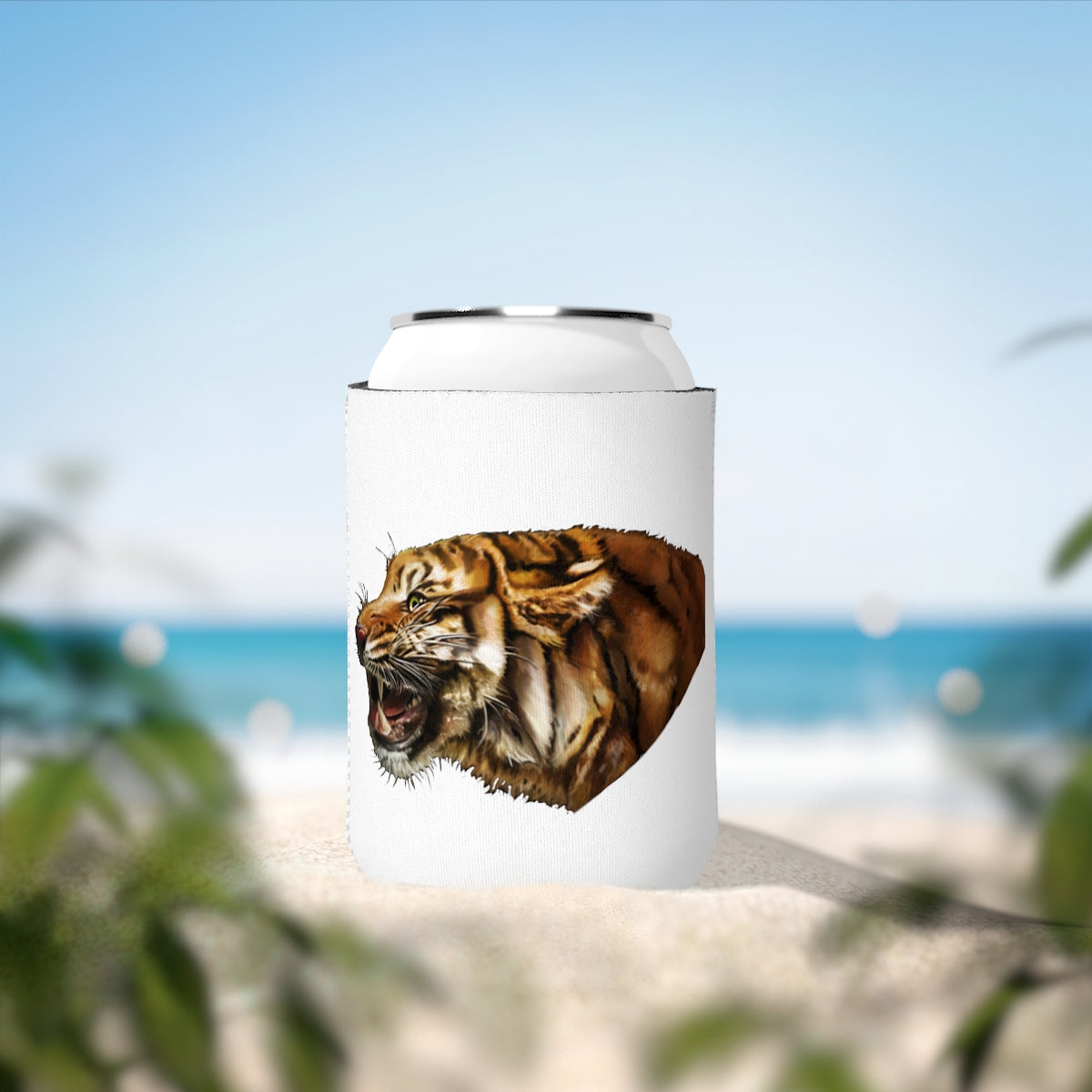 Tiger Can Cooler Sleeve made of durable neoprene, designed to fit standard 12oz cans, featuring a customizable exterior and a sleek black interior.