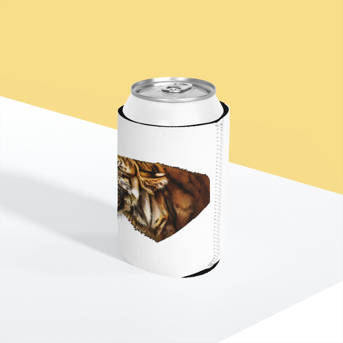 Tiger Can Cooler Sleeve made of durable neoprene, designed to fit standard 12oz cans, featuring a customizable exterior and a sleek black interior.