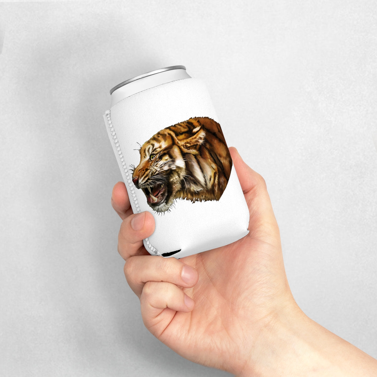 Tiger Can Cooler Sleeve made of durable neoprene, designed to fit standard 12oz cans, featuring a customizable exterior and a sleek black interior.