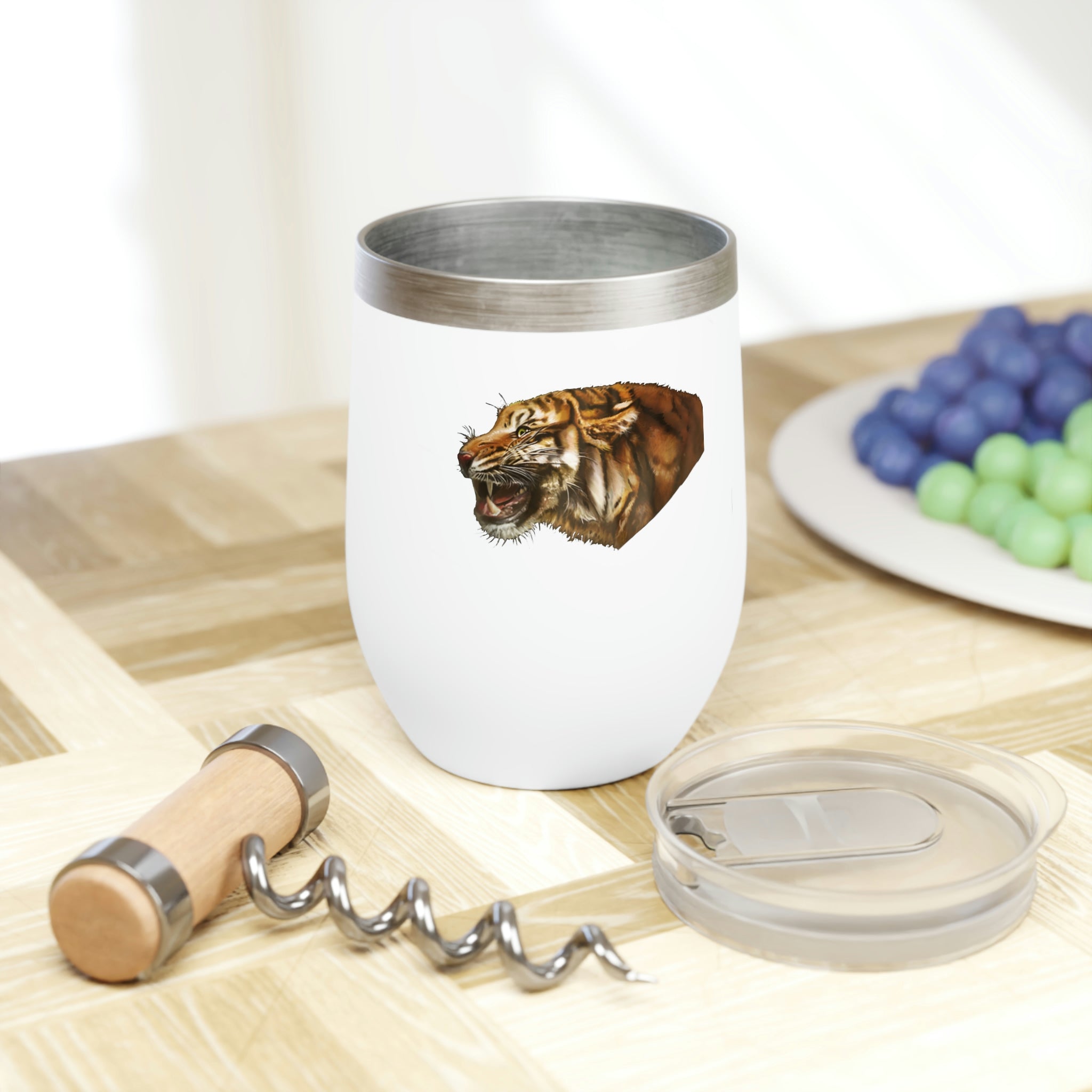 Tiger Chill Wine Tumbler in stainless steel with customizable design, perfect for keeping drinks hot or cold.