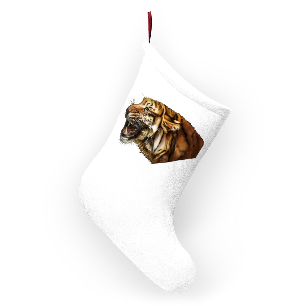 A cozy Tiger Christmas Stocking made of soft polyester fleece, featuring a festive design and a twill ribbon hanging loop, perfect for holiday decor.