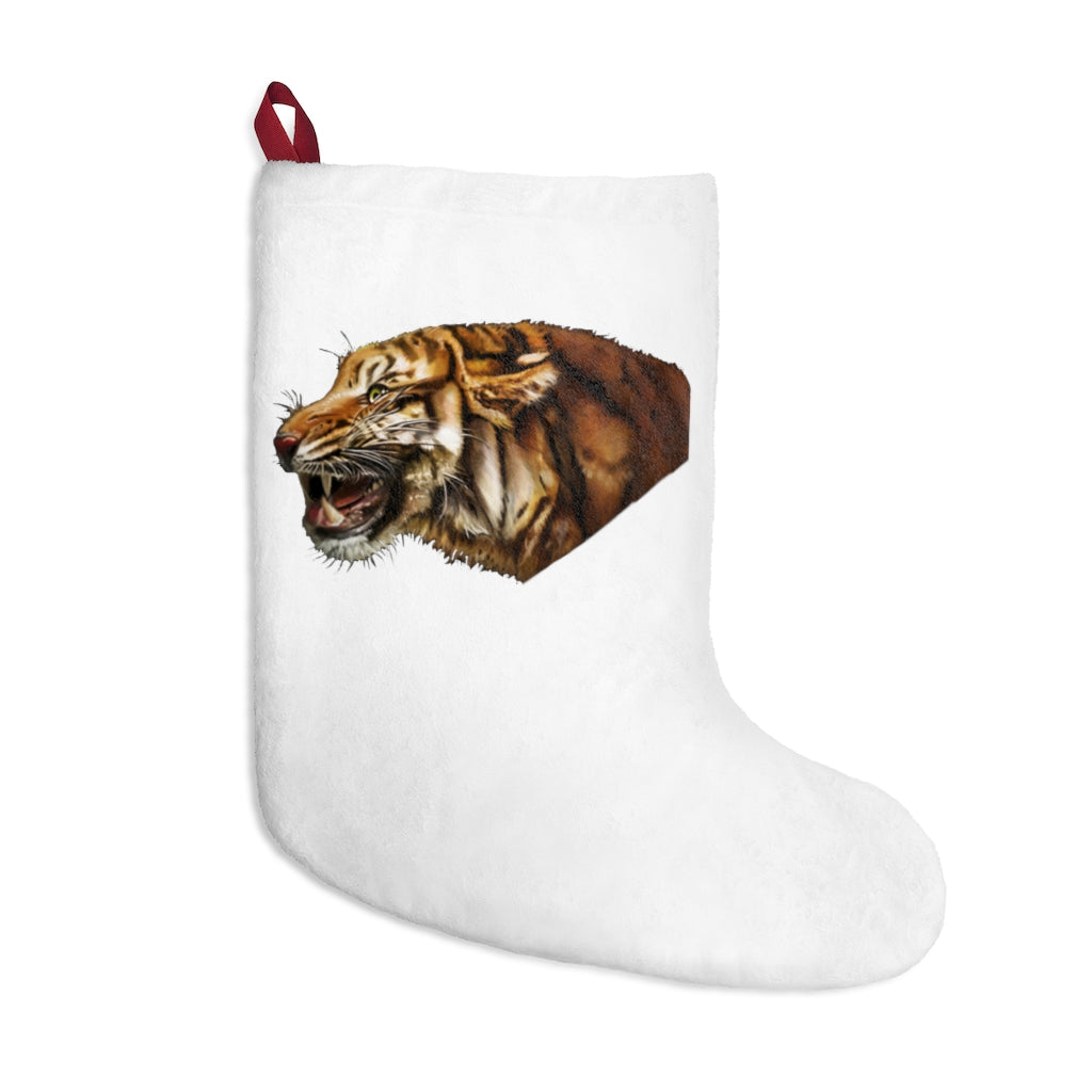 A cozy Tiger Christmas Stocking made of soft polyester fleece, featuring a festive design and a twill ribbon hanging loop, perfect for holiday decor.