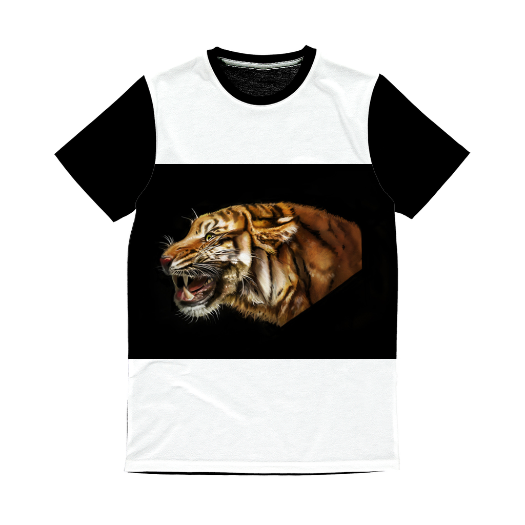 Tiger Classic Sublimation Panel T-Shirt featuring a vibrant front design and plain black back, ideal for custom printing.