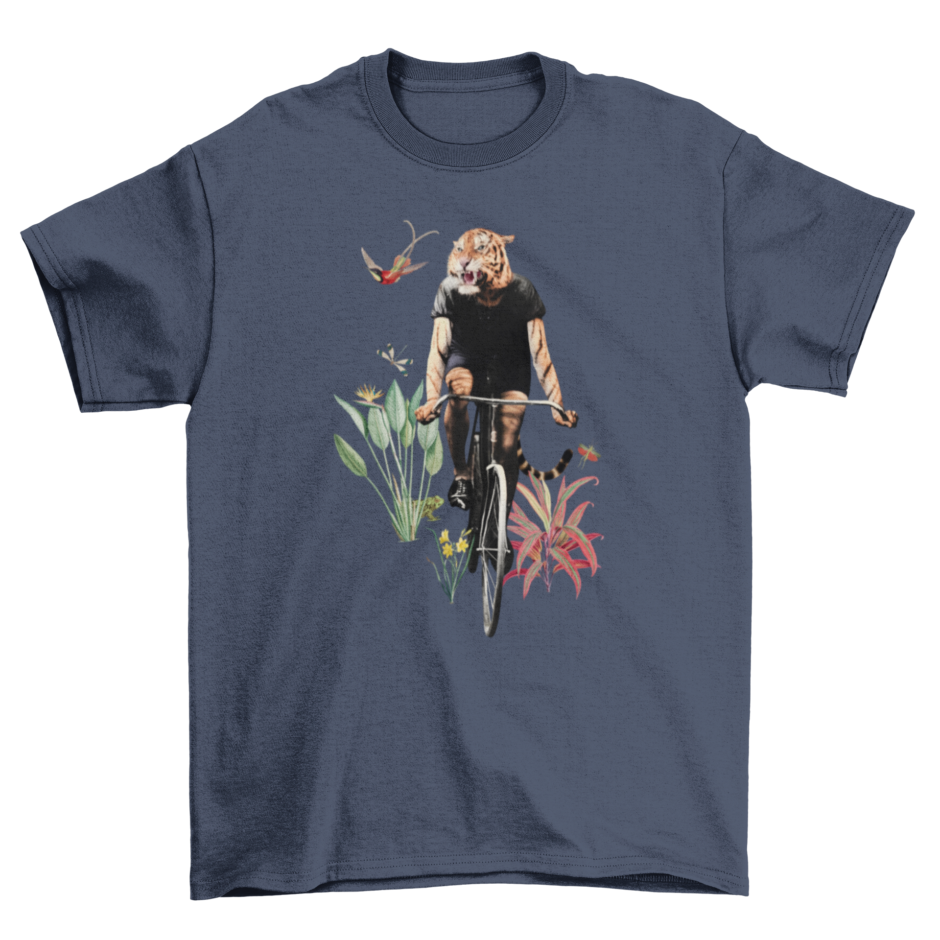 A vibrant t-shirt featuring a tiger in human clothes riding a bicycle, showcasing a playful and unique design.