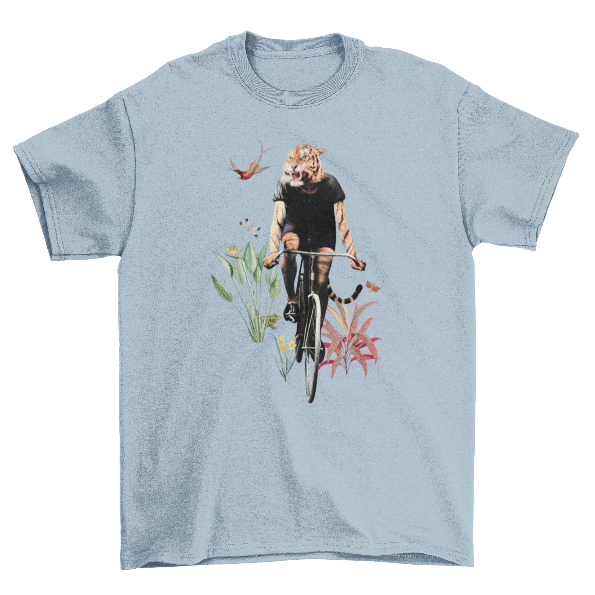 A vibrant t-shirt featuring a tiger in human clothes riding a bicycle, showcasing a playful and unique design.