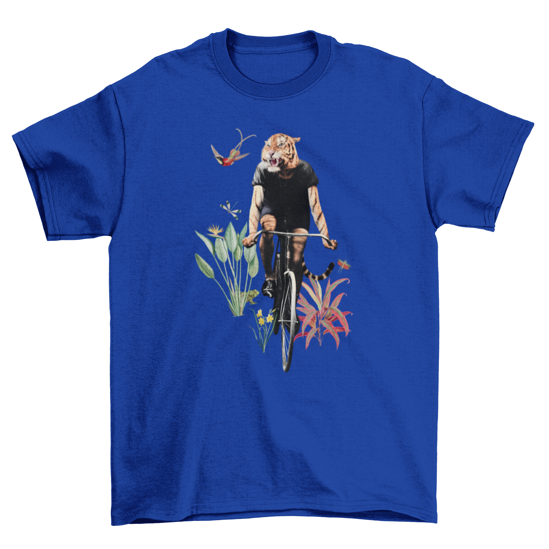 A vibrant t-shirt featuring a tiger in human clothes riding a bicycle, showcasing a playful and unique design.