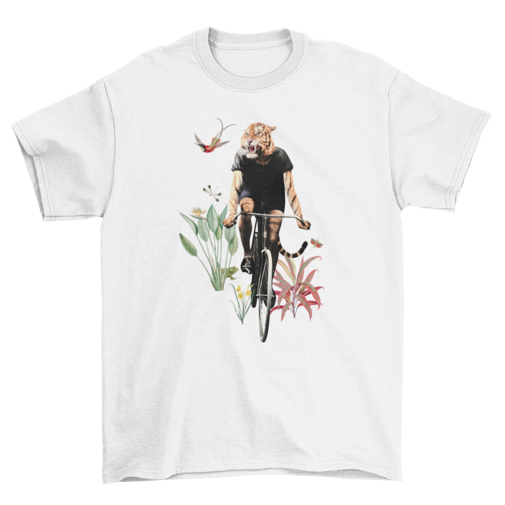 A vibrant t-shirt featuring a tiger in human clothes riding a bicycle, showcasing a playful and unique design.