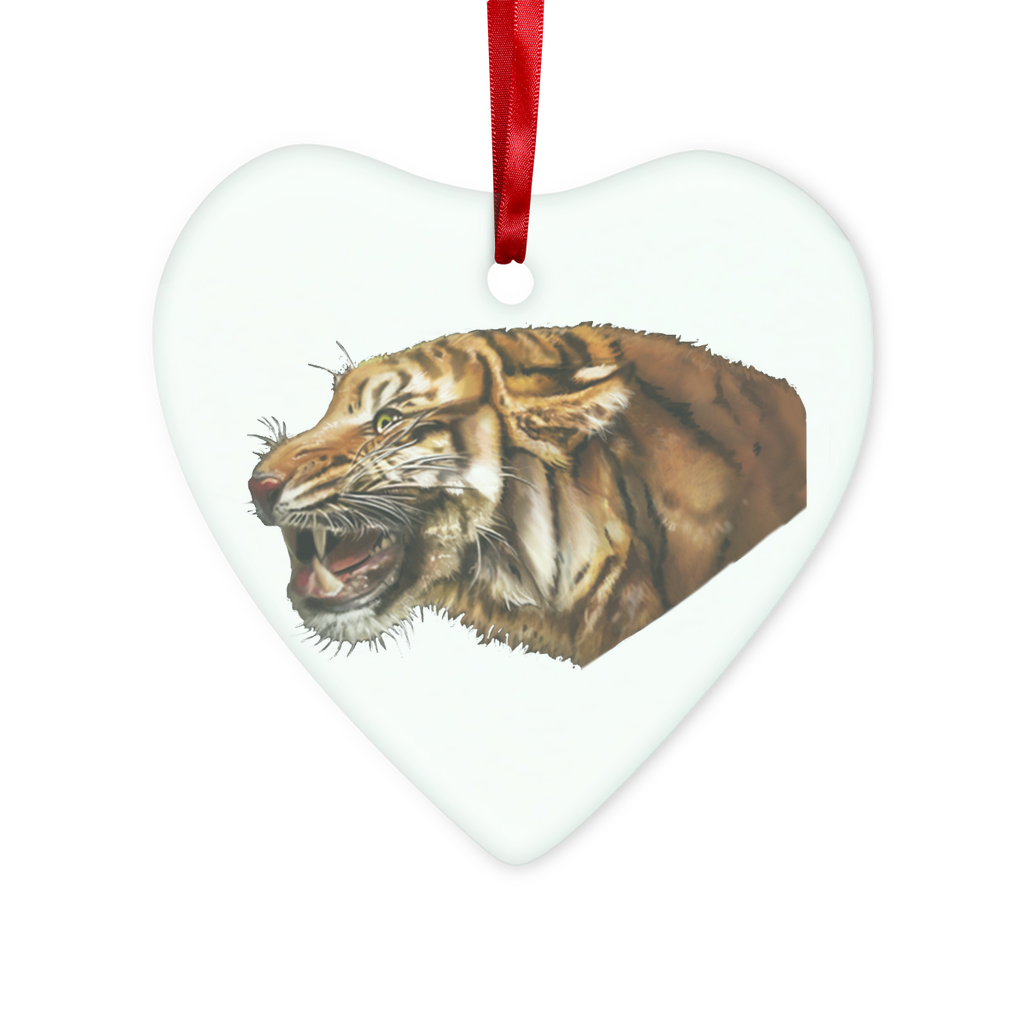 Tiger Glass Hanging Ornament in round and heart shapes, featuring a red ribbon and gold string, beautifully packaged in a white box.