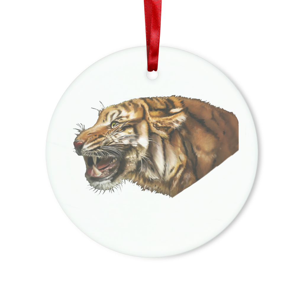 Tiger Glass Hanging Ornament in round and heart shapes, featuring a red ribbon and gold string, beautifully packaged in a white box.