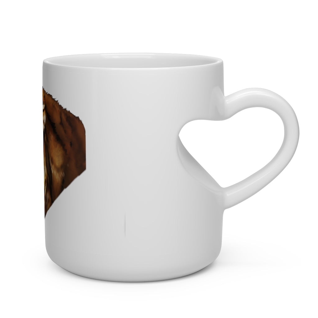 A white ceramic mug shaped like a heart with a heart-shaped handle, perfect for hot beverages.