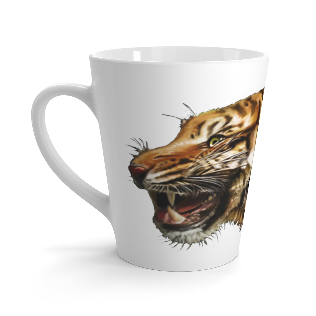 A stylish white ceramic Tiger Latte Mug featuring a vibrant tiger design, perfect for enjoying lattes.