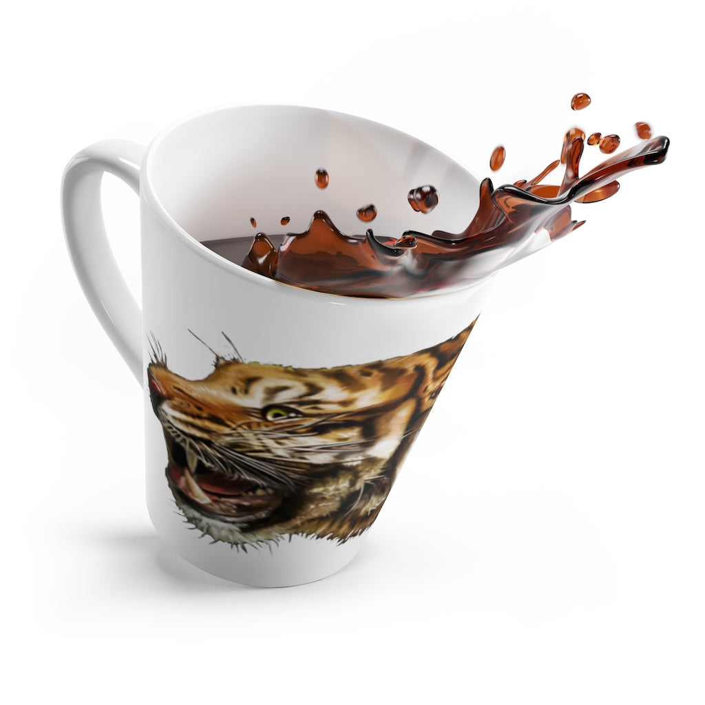 A stylish white ceramic Tiger Latte Mug featuring a vibrant tiger design, perfect for enjoying lattes.