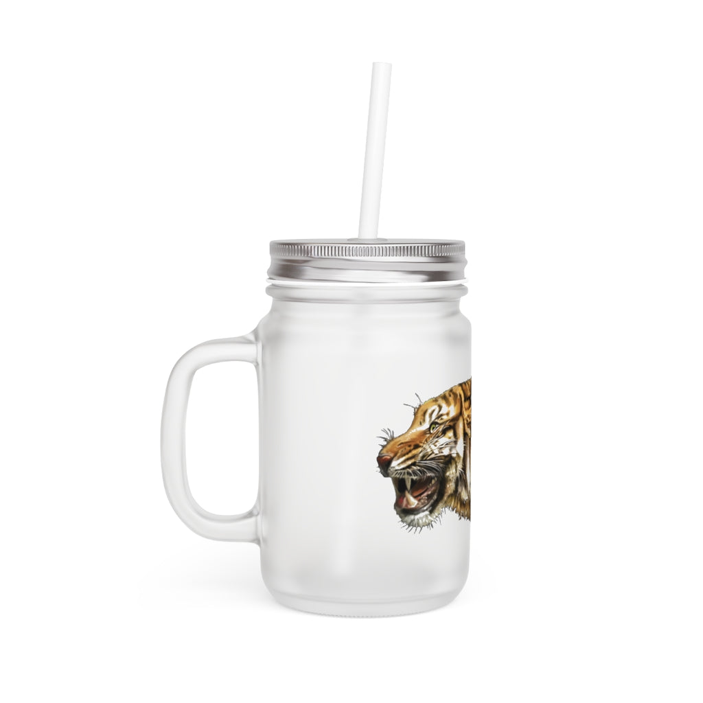 A stylish Tiger Mason Jar made of frosted glass, featuring a straw and lid, perfect for personalized drinks.