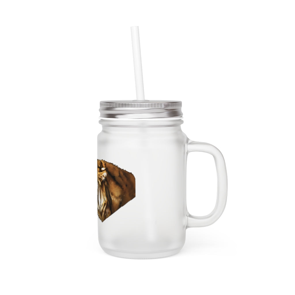 A stylish Tiger Mason Jar made of frosted glass, featuring a straw and lid, perfect for personalized drinks.