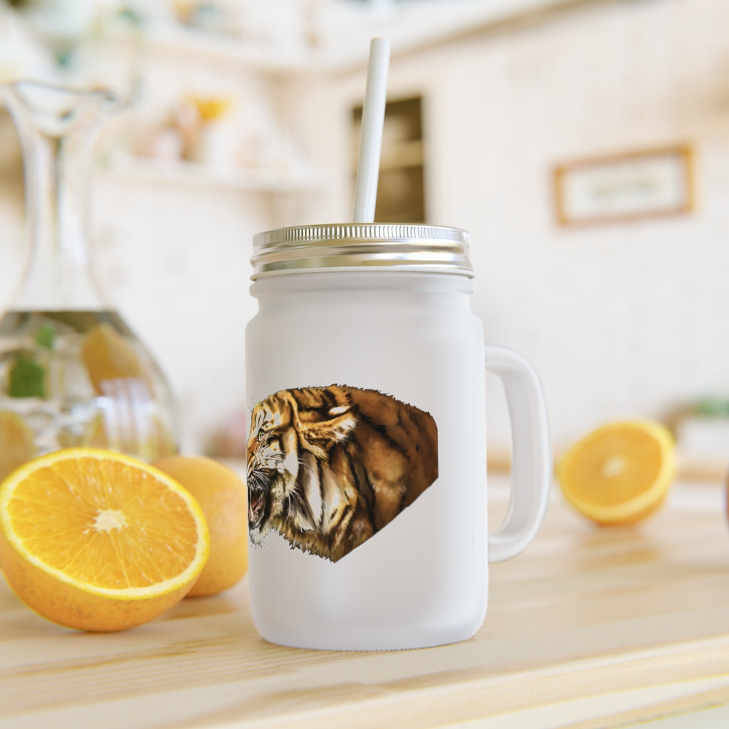 A stylish Tiger Mason Jar made of frosted glass, featuring a straw and lid, perfect for personalized drinks.