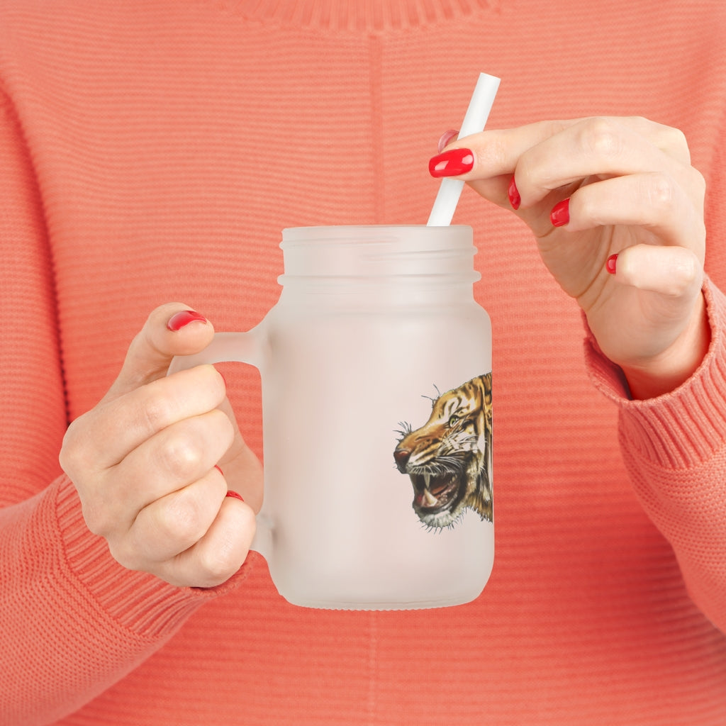 A stylish Tiger Mason Jar made of frosted glass, featuring a straw and lid, perfect for personalized drinks.