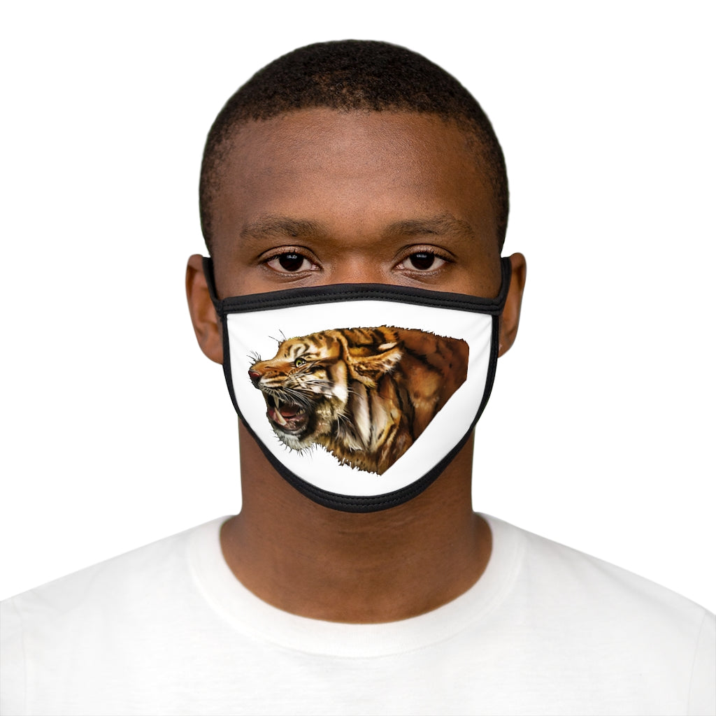 Tiger Mixed-Fabric Face Mask featuring a vibrant tiger print design with a black outer edge and earloops.