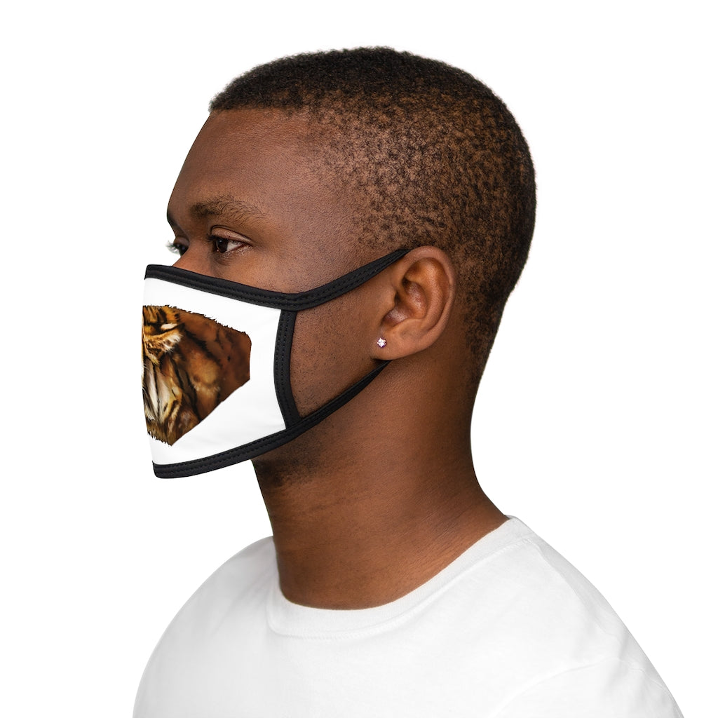 Tiger Mixed-Fabric Face Mask featuring a vibrant tiger print design with a black outer edge and earloops.