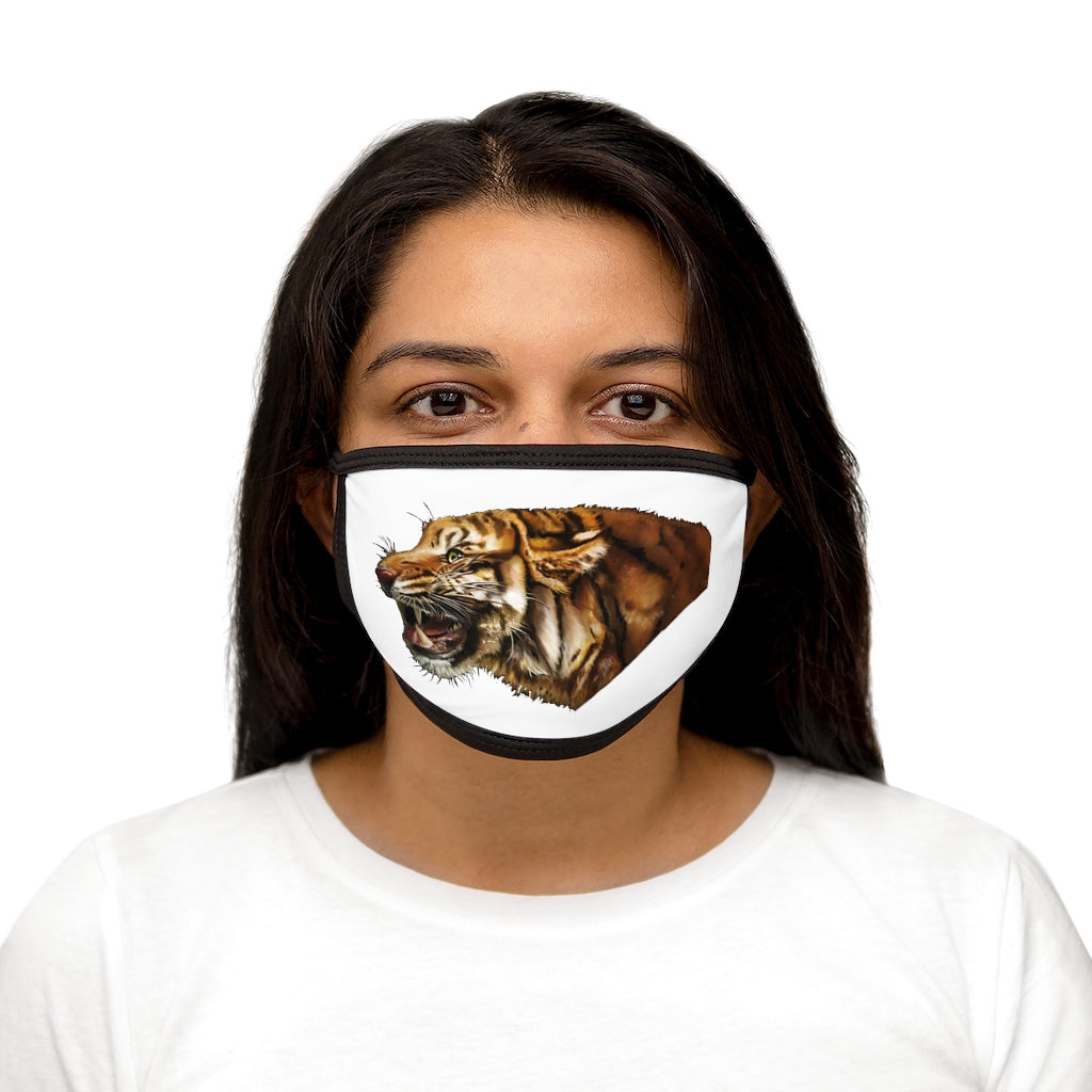 Tiger Mixed-Fabric Face Mask featuring a vibrant tiger print design with a black outer edge and earloops.