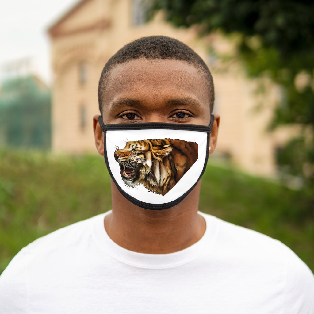 Tiger Mixed-Fabric Face Mask featuring a vibrant tiger print design with a black outer edge and earloops.