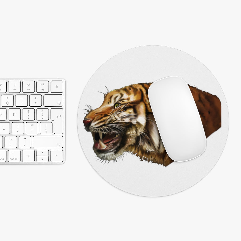 Tiger Mouse Pad featuring vibrant designs in round and rectangular shapes, made of neoprene with a non-slip rubber bottom.