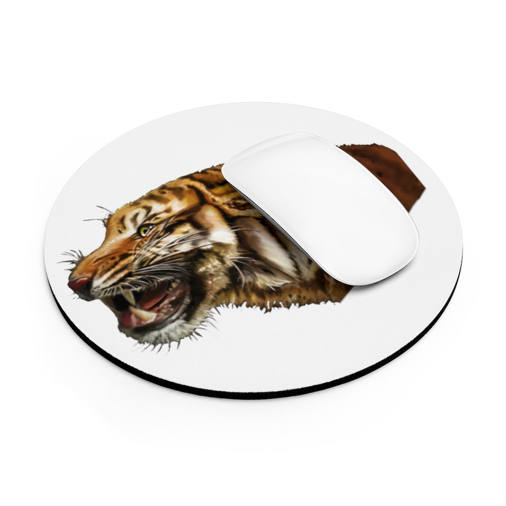 Tiger Mouse Pad featuring vibrant designs in round and rectangular shapes, made of neoprene with a non-slip rubber bottom.