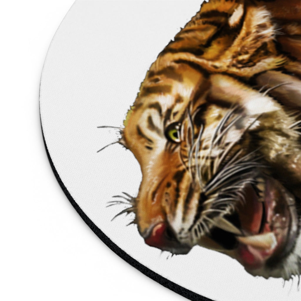 Tiger Mouse Pad featuring vibrant designs in round and rectangular shapes, made of neoprene with a non-slip rubber bottom.