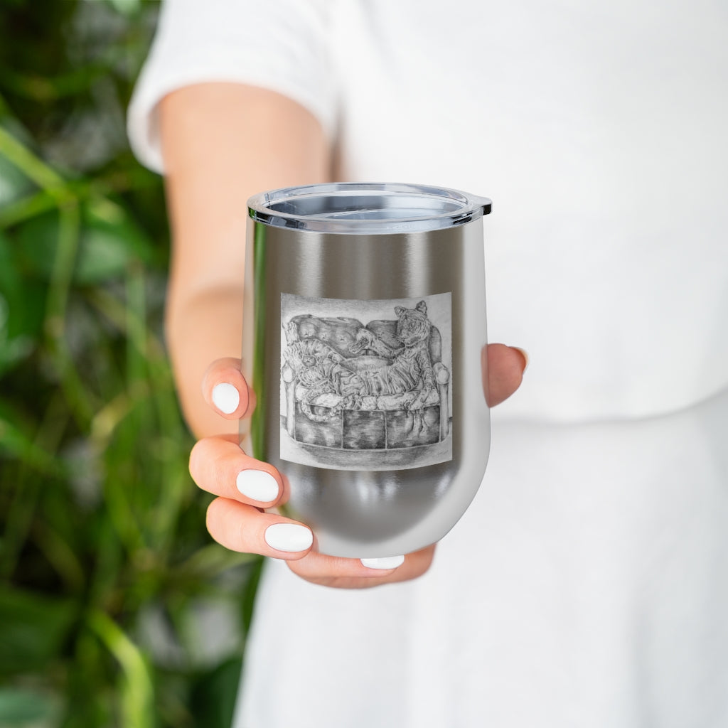 Tiger on a Couch 12oz Insulated Wine Tumbler with clear lid, showcasing its stylish design and stainless steel construction.